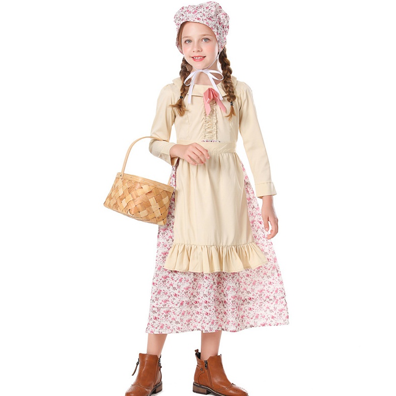 Kids Wolf Grandma Cosplay Costumes Floral Print Dress for Stage Drama Party